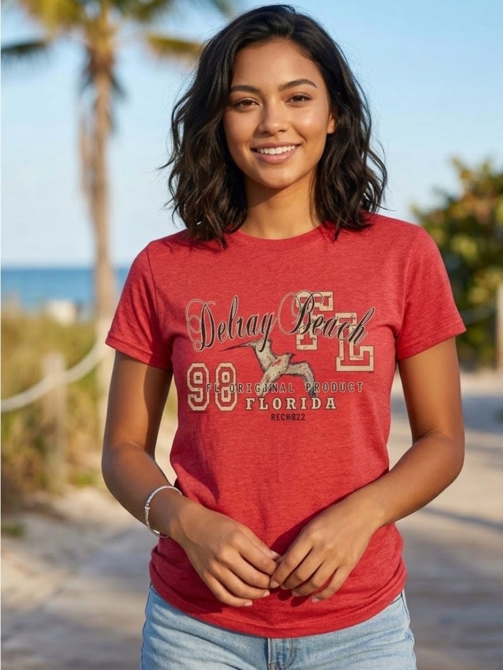 Gildan Coral Red Delray Beach Florida Tee